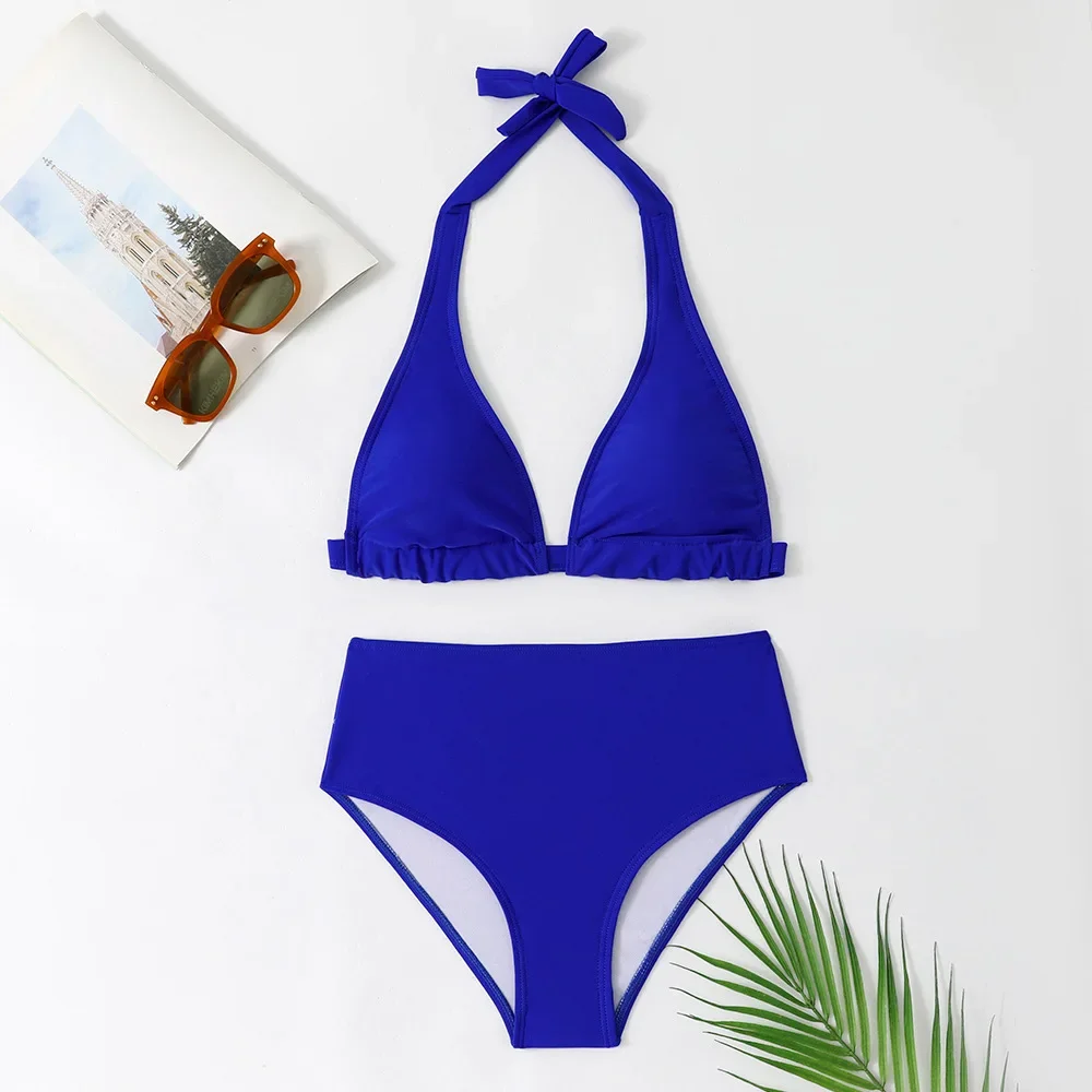 

Женские купальники 2025 года, королевский синий комплект бикини из двух предметов, сексуальные бикини с высокой талией, летняя пляжная одежда, наряд для отпуска, купальные костюмы