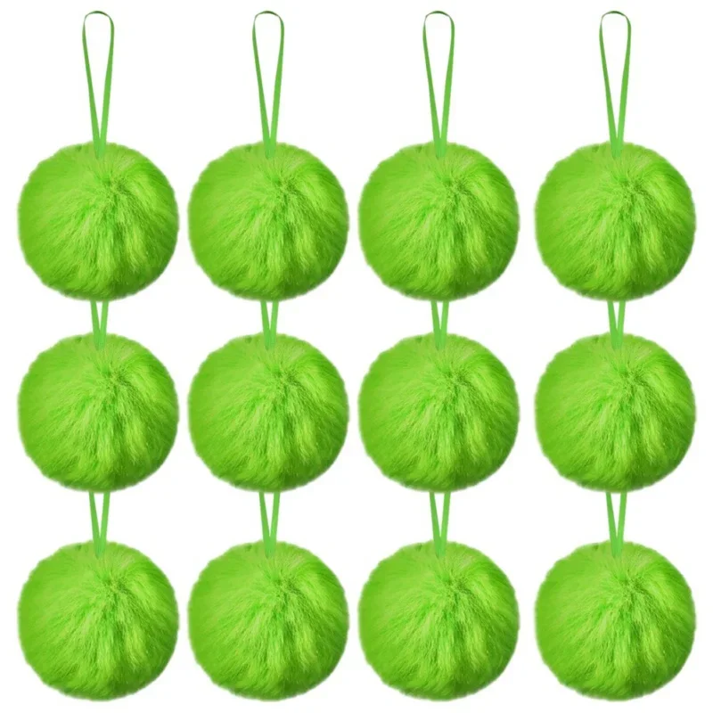 Green Pom Poms Christmas Faux Fur Pompom Balls Set Christmas Plush Ball Ornaments 12 Pieces Plush Christmas Ball Decorations