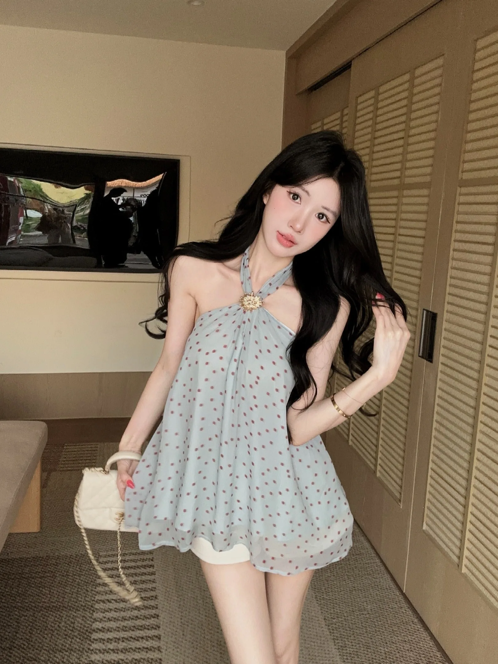 

Chic Polka Dot off Shoulder Shirt Women's Sleeveless Versatile Outerwear Sweet Summer Top Not Deformable Daily Short Length
