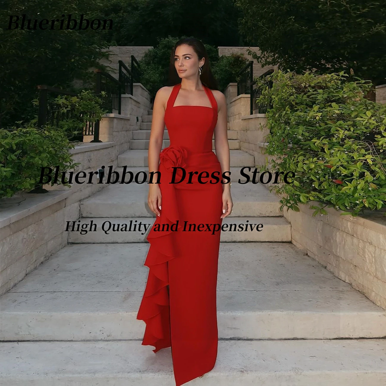 

Blueribbon Customized Ruffles Side Slit Long Prom Dresses Flower Halter Neck Dancing Party Girls Wear Sexy Back Evening Gowns