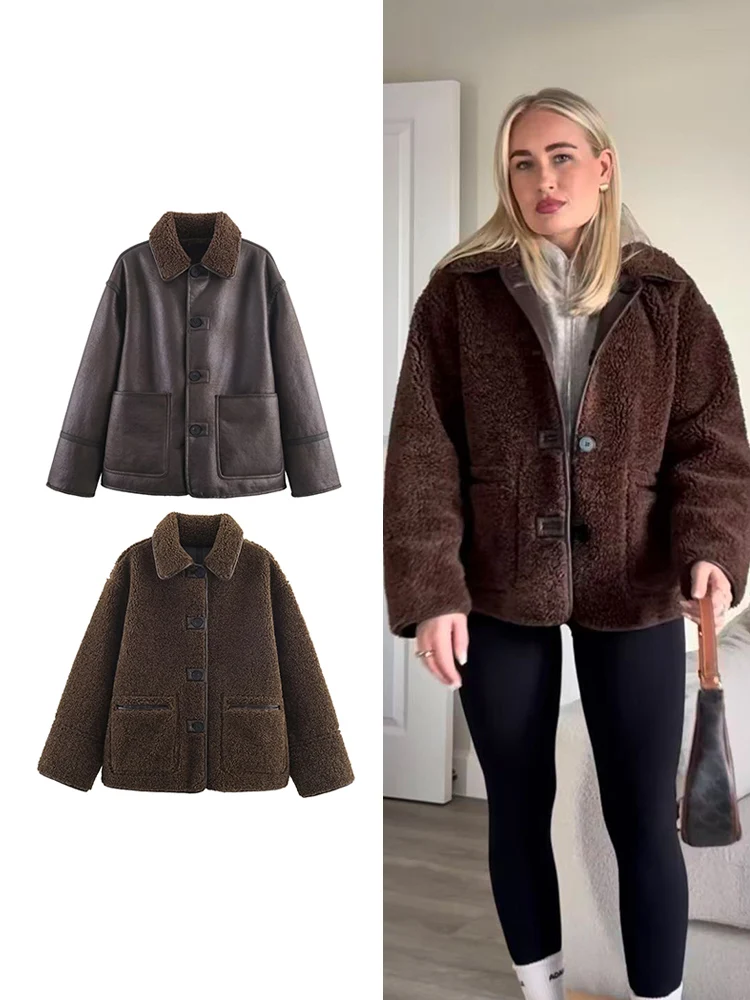 

TFMLN New Women's Reversible Jacket Coat Casual Fashion Simple Warm Loose Versatile Lapel Long Sleeve Double-sided Outerwear