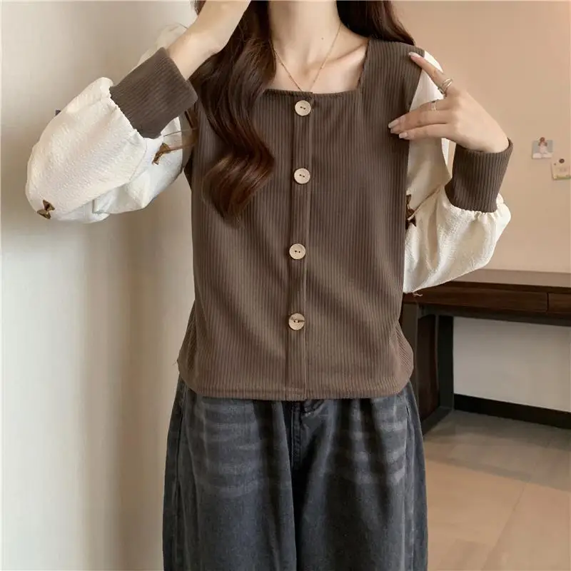 French Retro Long Sleeved Shirt Top for Women This Year's Popular Patchwork Design Sense Short Style Slimming Cardigan