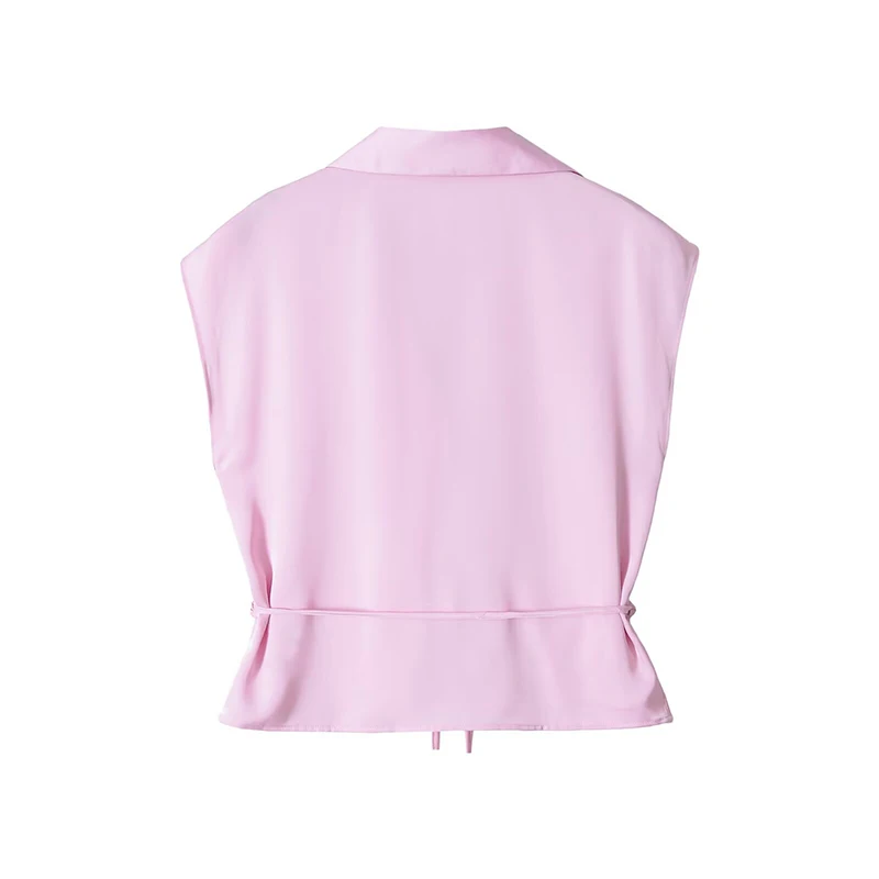 YENKYE Sleeveless Lapel Collar Satin Shirt Women With Self-Tie Belt Elegant Summer Crop Top