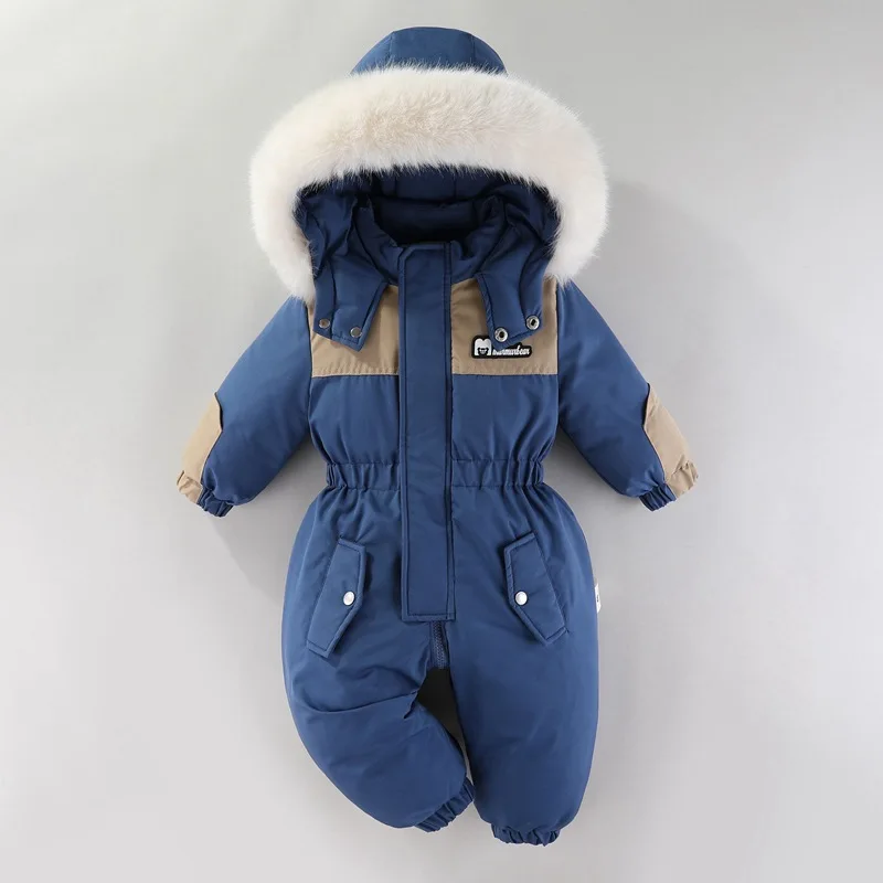 Boys and Girls Winter Thick and Warm Ski Clothes with Patchwork Hood and Built-in Fleece Jumpsuit Suitable for Children Aged 2-5