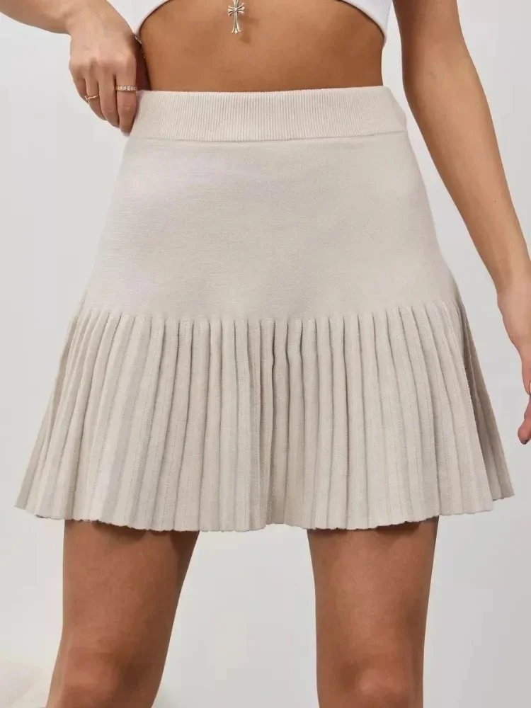 Fashion Retro Knitted Pleated Skirt High Street Mini Skirt Black Slim Elastic High Waist Preppy Style A-LINE Short Skirt Women