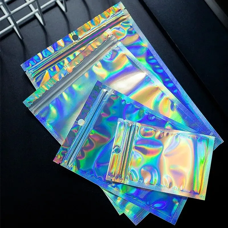 50pcsThick Smell Proof Mylar Bags Holographic Laser Color Plastic Packaging Pouch Jewelry Retail Storage Pouch Gift Zip Lock Bag