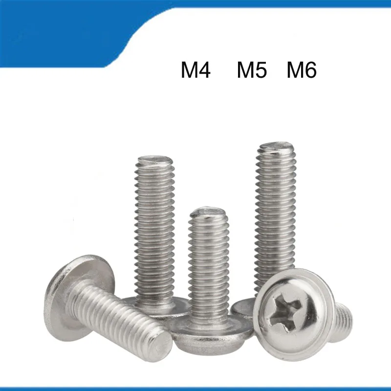 High Quality 50/100PCS  M4  M5  M6  304Stainless Steel Cross Pan Round Truss Head With Washer Padded Screw Bolt