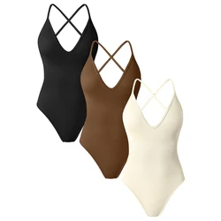 Solid V-neck Women Yoga Bodysuit Sexy Straps Backless One Piece Swimsuit Beach Gym Resort Party Clothes