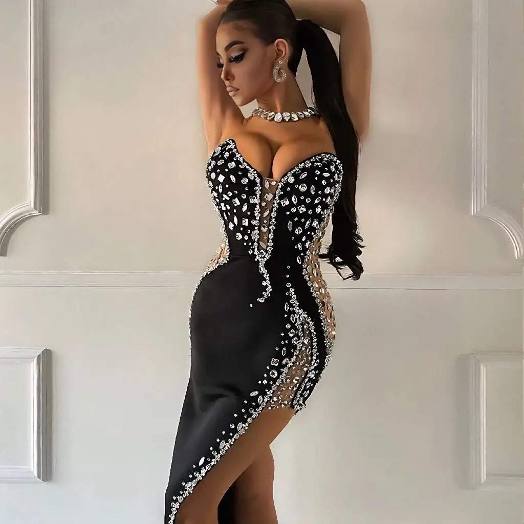 Sparking Rhinestone Diamond Inlay Women Strapless Sexy Mesh Splicing Bandage Irregularity Bodycon Dress Evening Party Dress