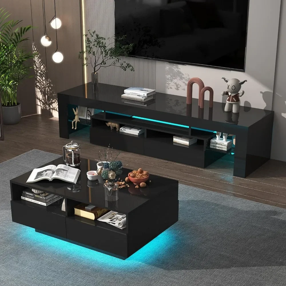 Coffee Table with 4 Storage Sliding Drawers, High Glossy Modern Center Table with 20 Colors LED Lights for Living Room Bedroom