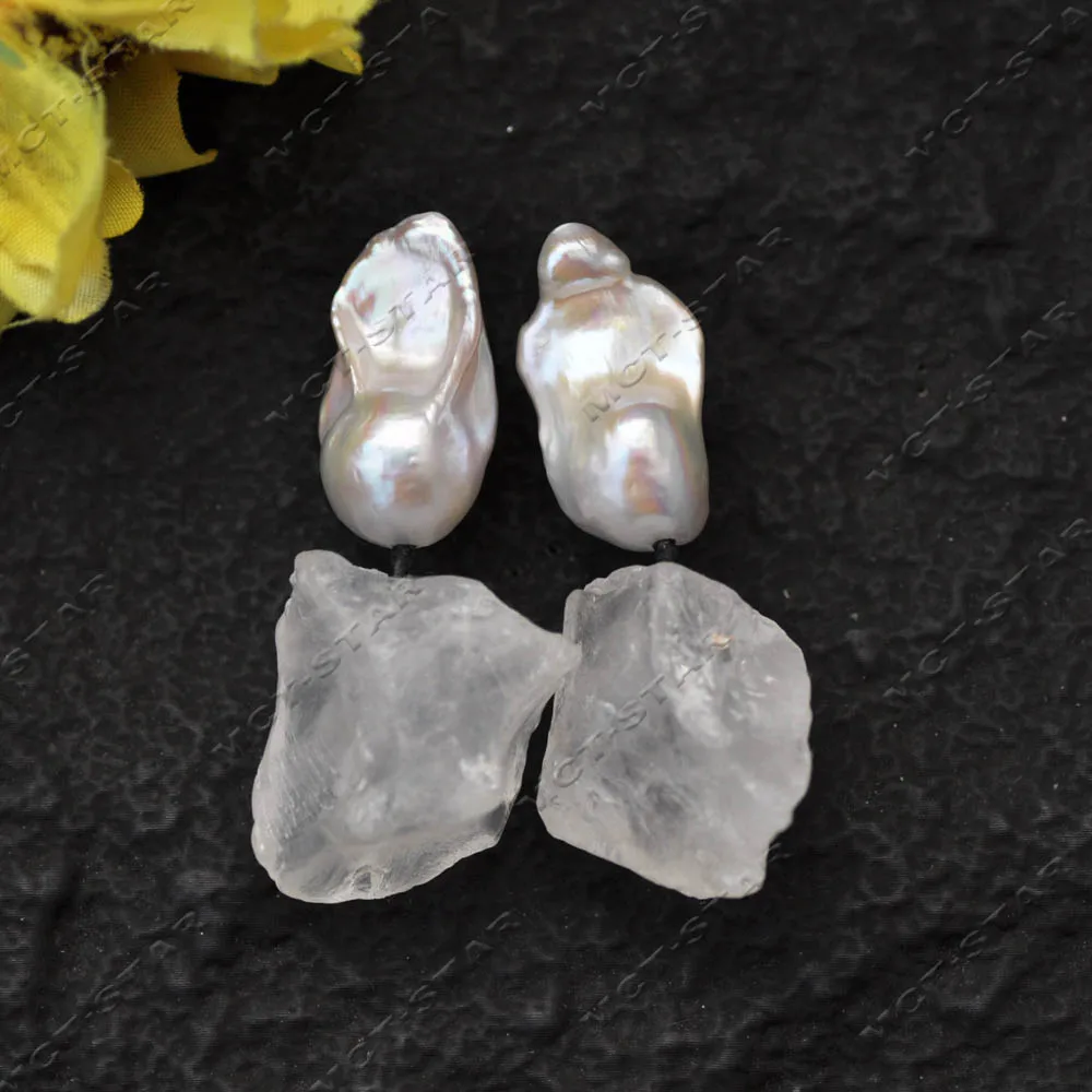 

MTC·STAR 28mm Clean Crystal Raw Stone White Baroque Reborn Keshi Pearl Dangle Earring 925silver (Z14341)