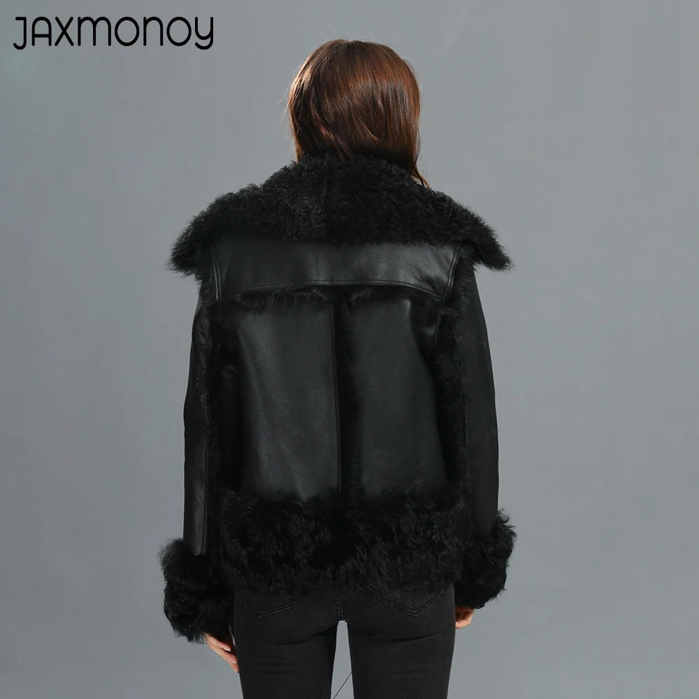 Jaxmonoy-abrigo de piel de oveja para mujer, chaqueta de piel de oveja auténtica, abrigo supercálido de manga completa, novedad de 2022