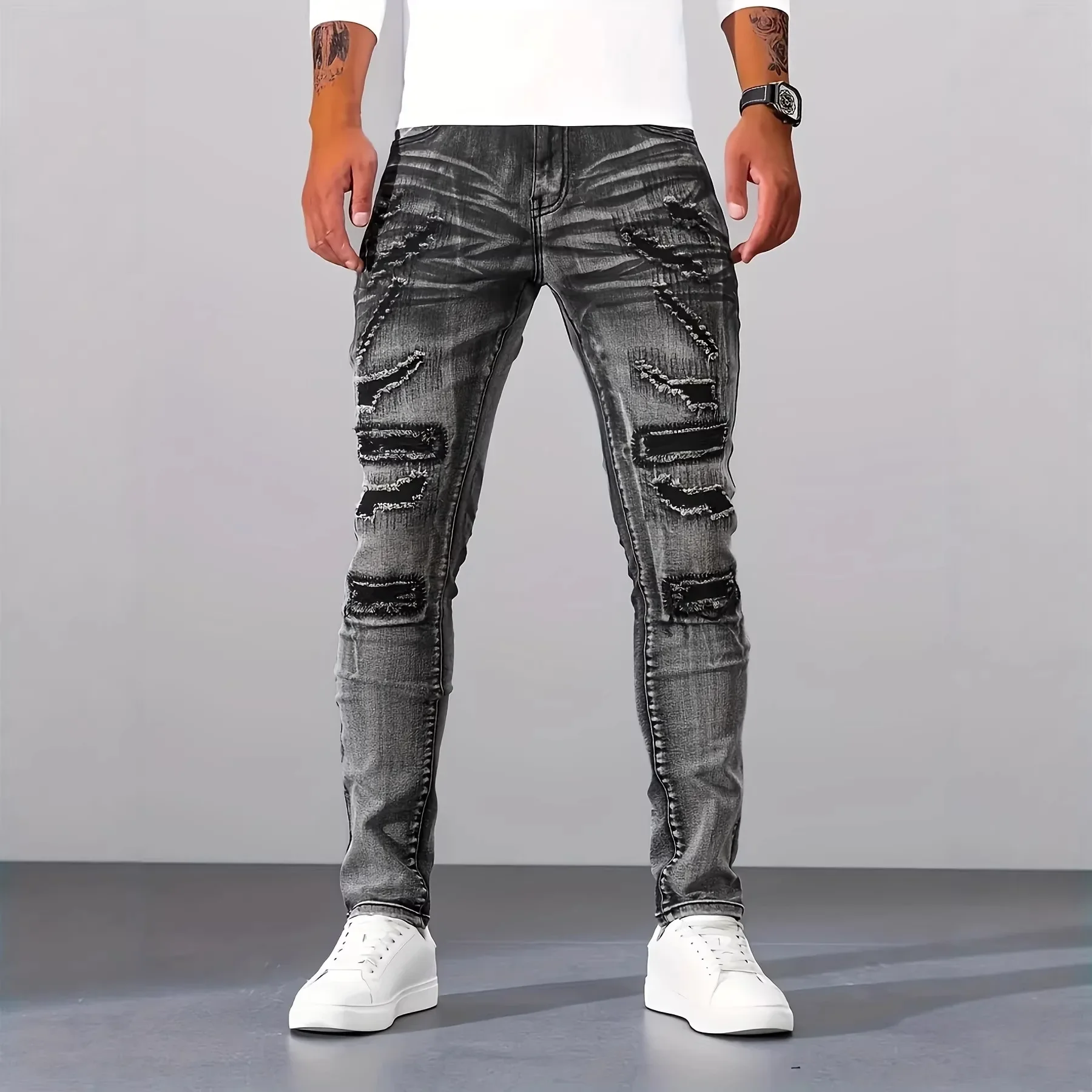 Men Grey Slim Simple Casual Daily Hole Patched Super Stretchy Denim Pencik Trousers Male American New Fashion Male Jeans Pants