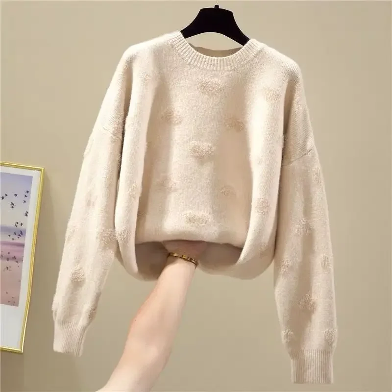 

Heart Mink Cashmere Soft Winter Knitted Women's Sweater Round Neck Korean Fashion Long Sleeve Chic Female Jumpers Sweaters G272