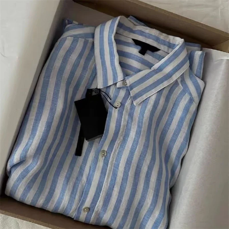 Blue Striped Cotton Linen Women's Long Sleeve Casual Shirt