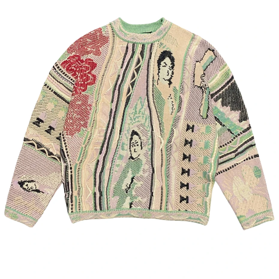 Męski sweter z grafiką w stylu vintage, streetwearowy sweter dziergany w stylu narodowym, jesienno-zimowy pulower męski, swetry Harajuku retro.