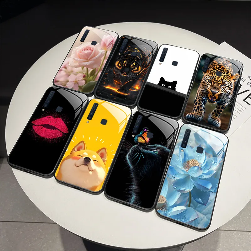 Para samsung galaxy a7 2018 a9 2018 caso na moda fantasia design de vidro temperado capa dura a750f a920f prevenção queda pára-choques escudo