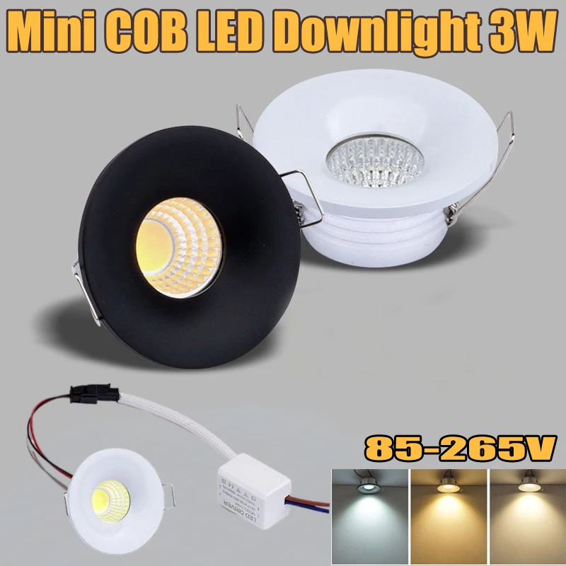 Mini COB LED Downlight 3W, Adjustable Driver Recessed Cabinet Light, White Black Gold Showcase, Shelf, Ceiling, Wardrobe Light
