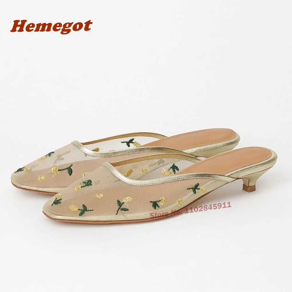 Embroidered Flowers Air Mesh Slippers Round Toe Chunky Heel Clear Women\'s Mules Low Heels Summer 2024 New Casual Party Shoes