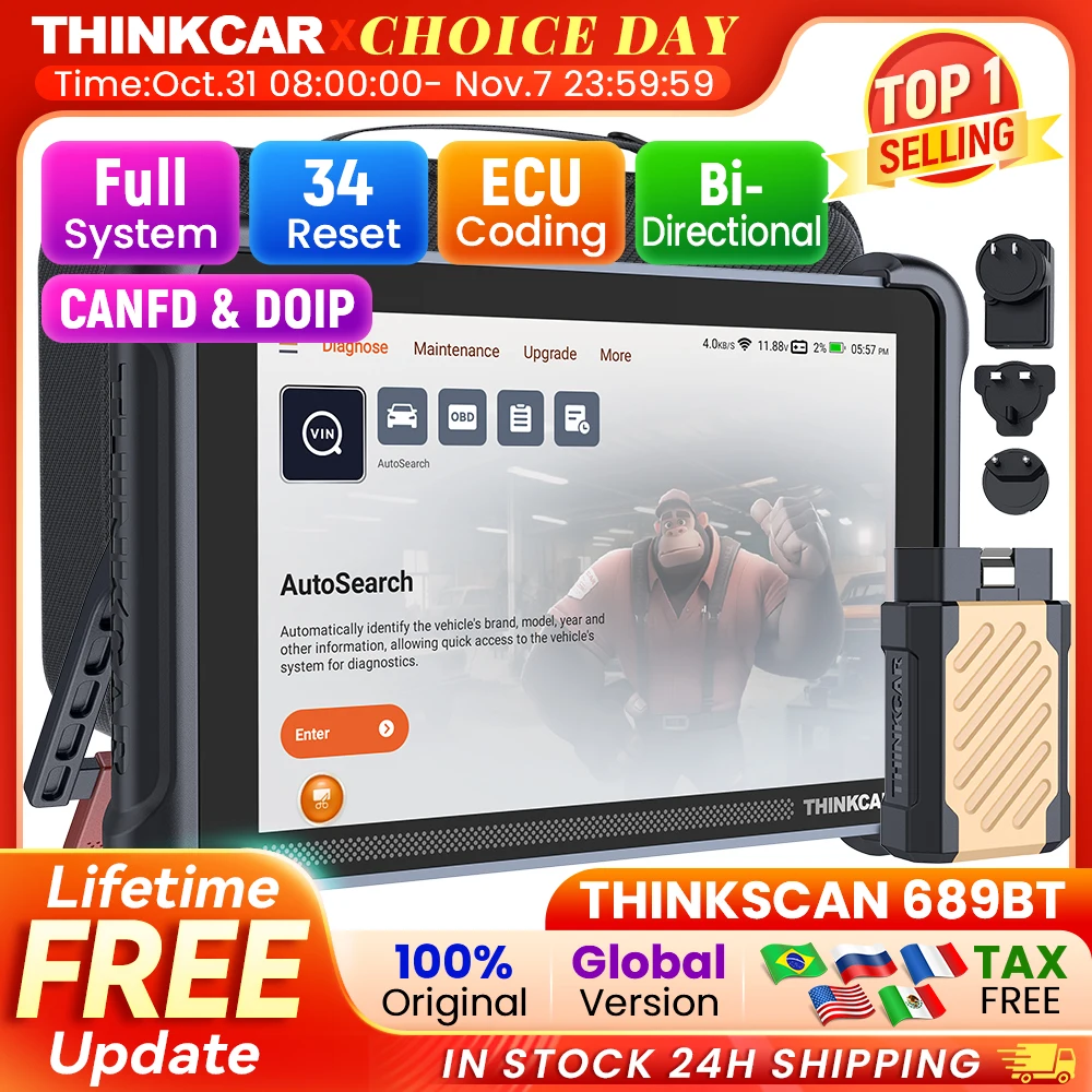 

THINKCAR THINKSCAN 689BT Professional Car Diagnostic Tool CANFD DOIP Bi-directional ECU Coding 34 Reset Full System Obd2 Scanner