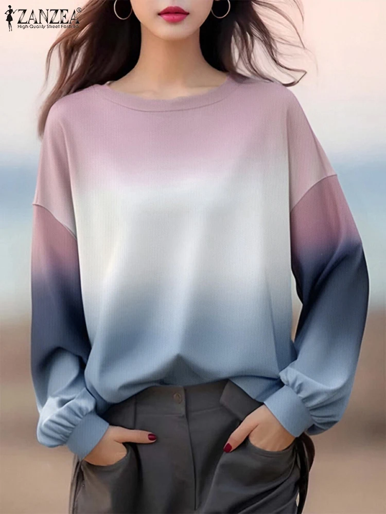 

ZANZEA модные женские толстовки с длинными рукавами, осень 2022, толстовки с заниженными плечами, градиентный цвет, повседневные свободные пуловеры с круглым вырезом