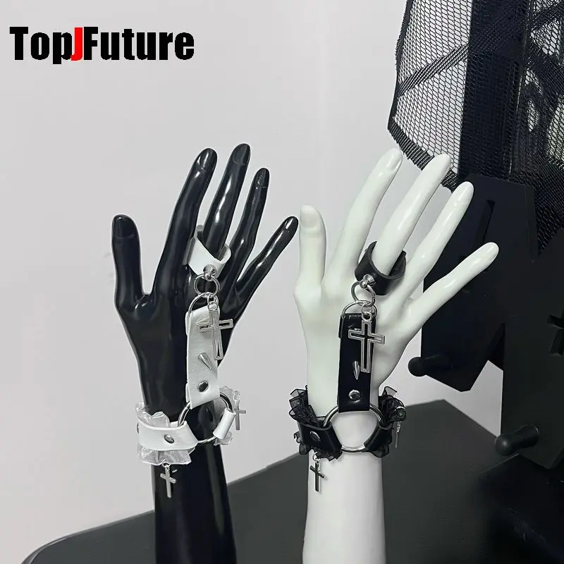 subkultura kobiety Harajuku Gothic Lolita Cosplay Punk krzyż wisiorek ciemna seria łańcuszek koronkowa oprawiona bransoletka z marszczeniami bransoletka