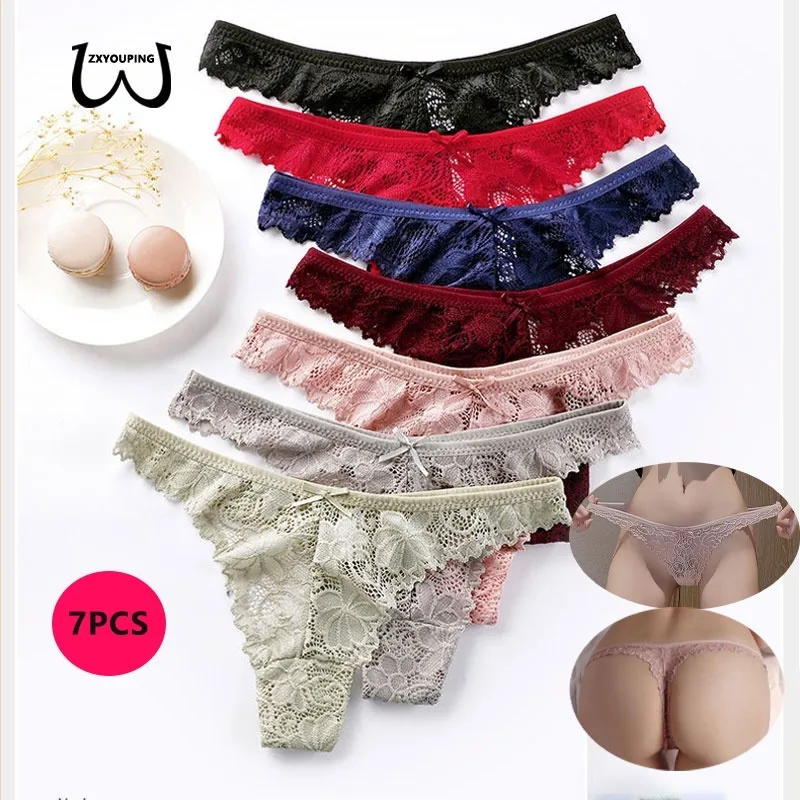 

7PCS Women Sexy Lace Thong Panties/G-Strings /Hollow Low-waist Panty/Transparent Lingerie Cutout Seamless Underwear T-