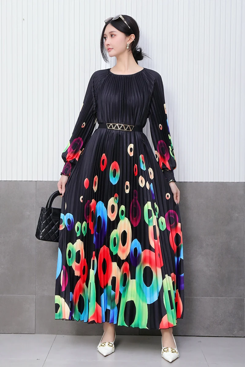 

2025 Spring New Elegant O-Neck Loose Printed Long Dresses Women Fashion Long Sleeve Dress Ladies Wholesale J891