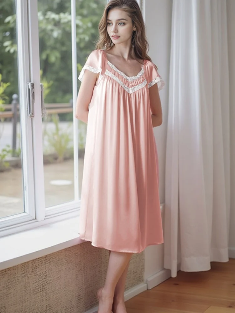 Birdtree,OEKO-TEX,6A 16M M 100% Silk Sleep Nightgown,With Padded,Women Short Sleeve Pajama Homewear Dress,2026 New T61206JF