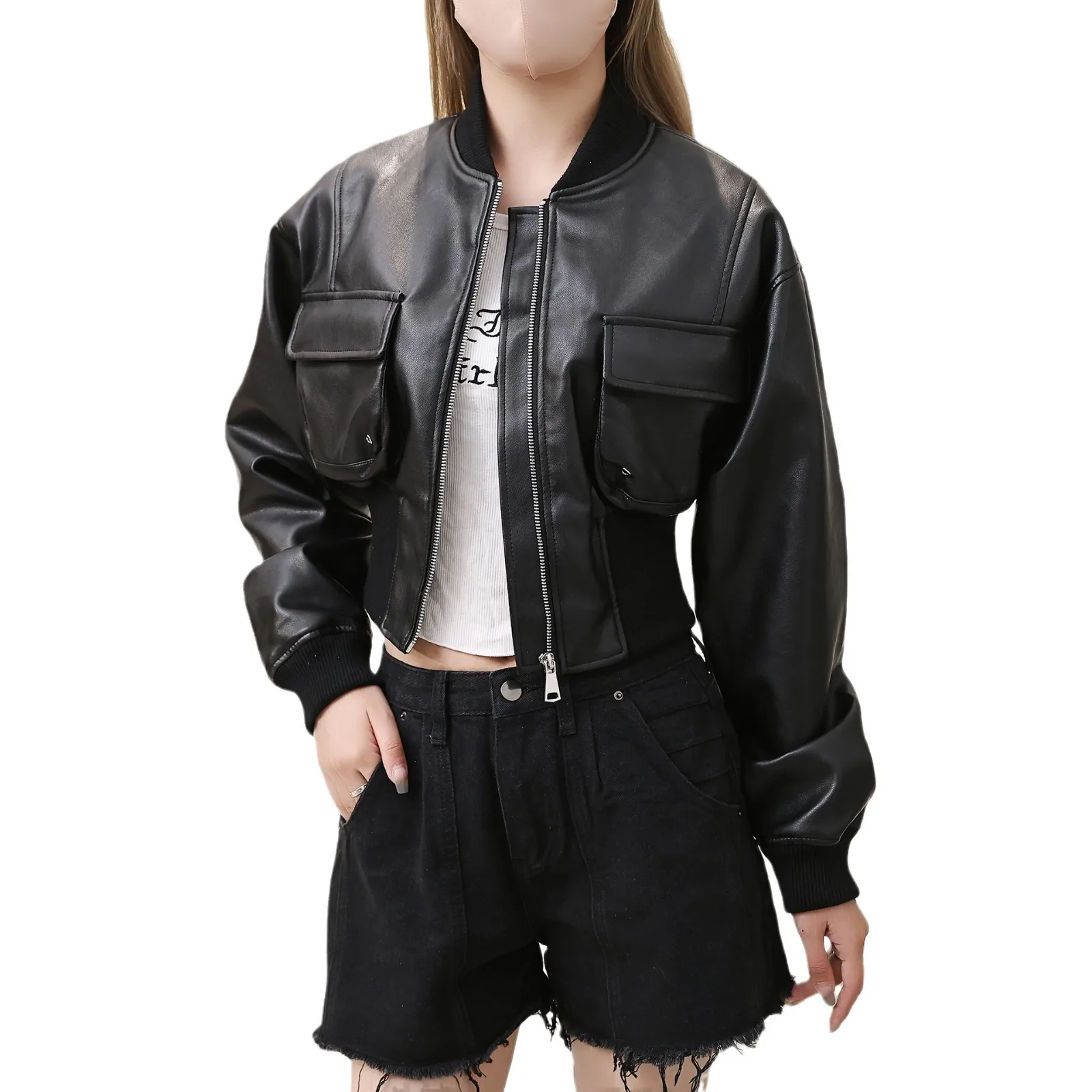 New Fashion Bomber Jacket Leather Jacket Women Big Pockets Casual Moto Biker Outwear Spring Autumn Windbreaker