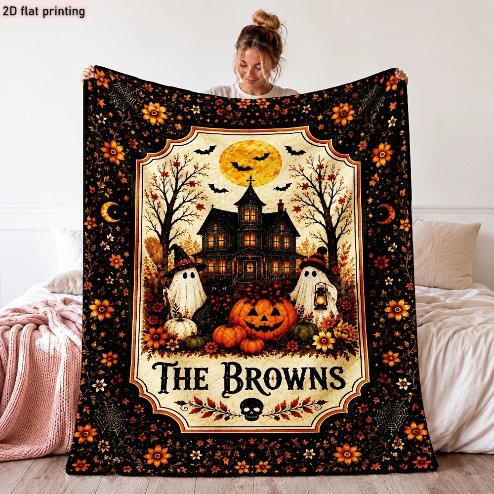 1pc Retro Halloween Flannel Blanket, Printed with Haunted Houses, Cute Ghosts, Pumpkins, Full Moons, Bats, Autumn Flowers, And Spiderweb Elements, High-Definition Digital Print Blanket, Versatile Soft Nap Blanket, Warm Companion