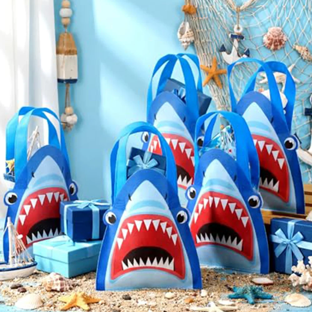 5 Pcs Shark Non-woven Bag Reusable Shark Shaped with Handles Tote Treat Goodie Candy Gift Bag Sea Theme Birthday Party Supplies view 4