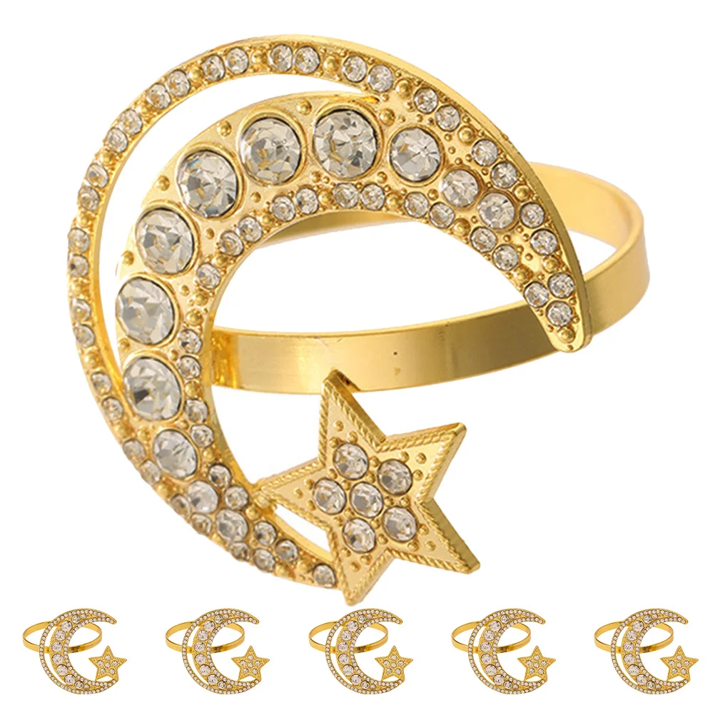 

6Pcs Crescent Moon Star Rhinestone Napkin Rings Golden Dining Table Decoration Bulk Table Ornament Napkin Rings