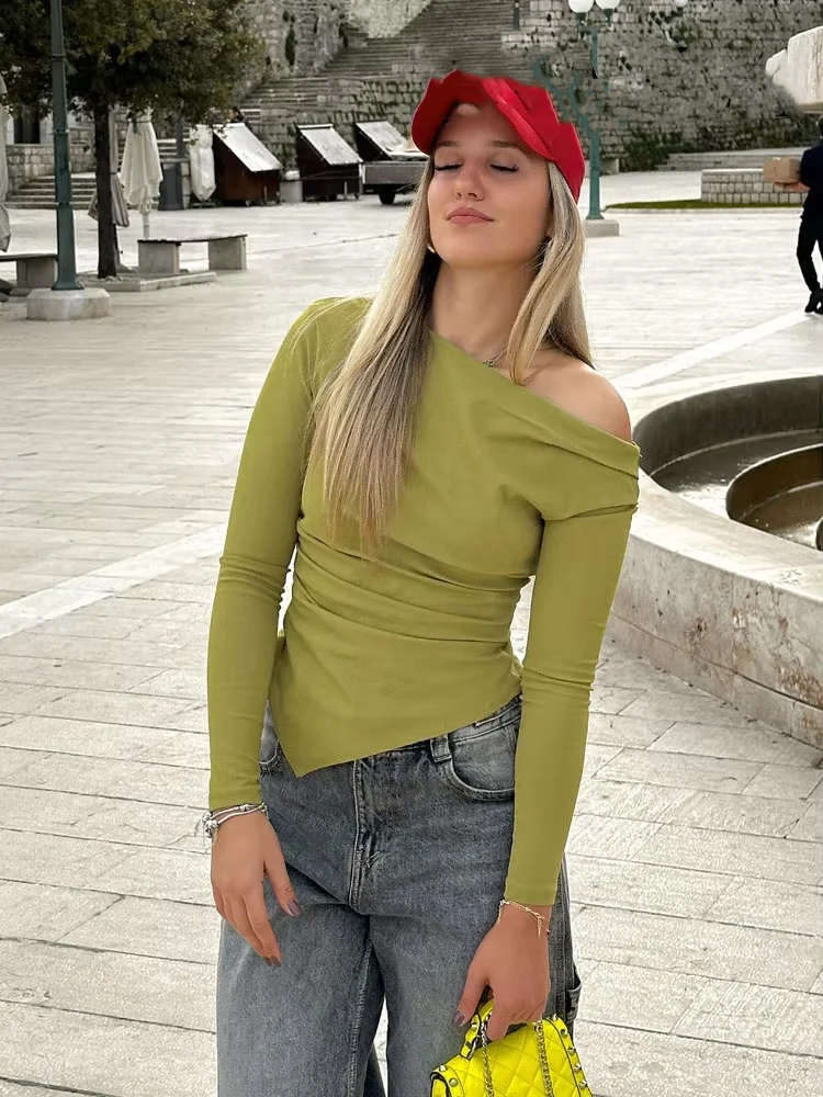 HH Women Fashion Solid 5-Color Asymmetrical Slant Collar Tops Female Spring Pleated Decoration Casual Slim Elasticity Top