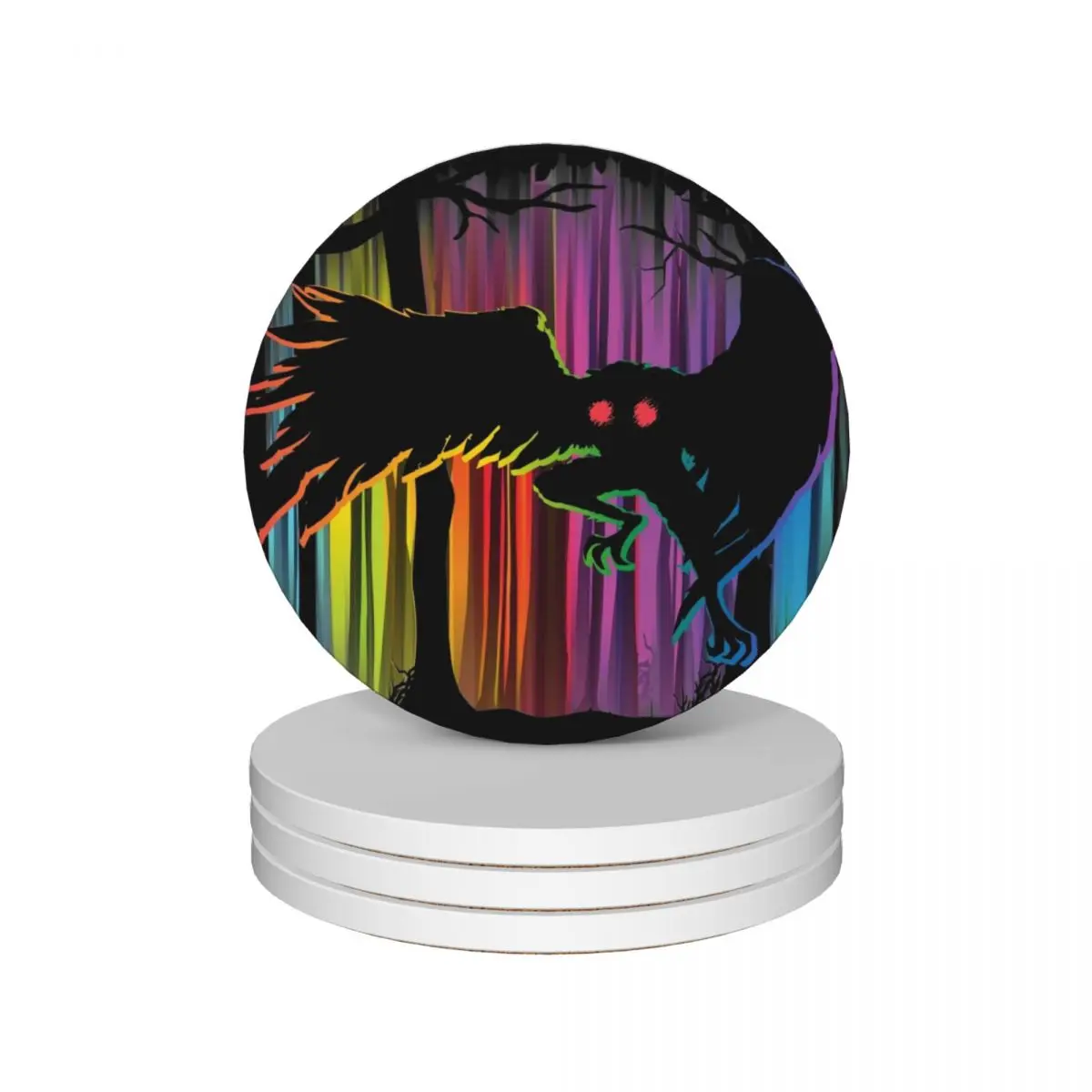 

Mothman Rainbow Aurora Forest - Unique Equality Cryptid Gift Ceramic Coasters (Set of 4) funny Coasters