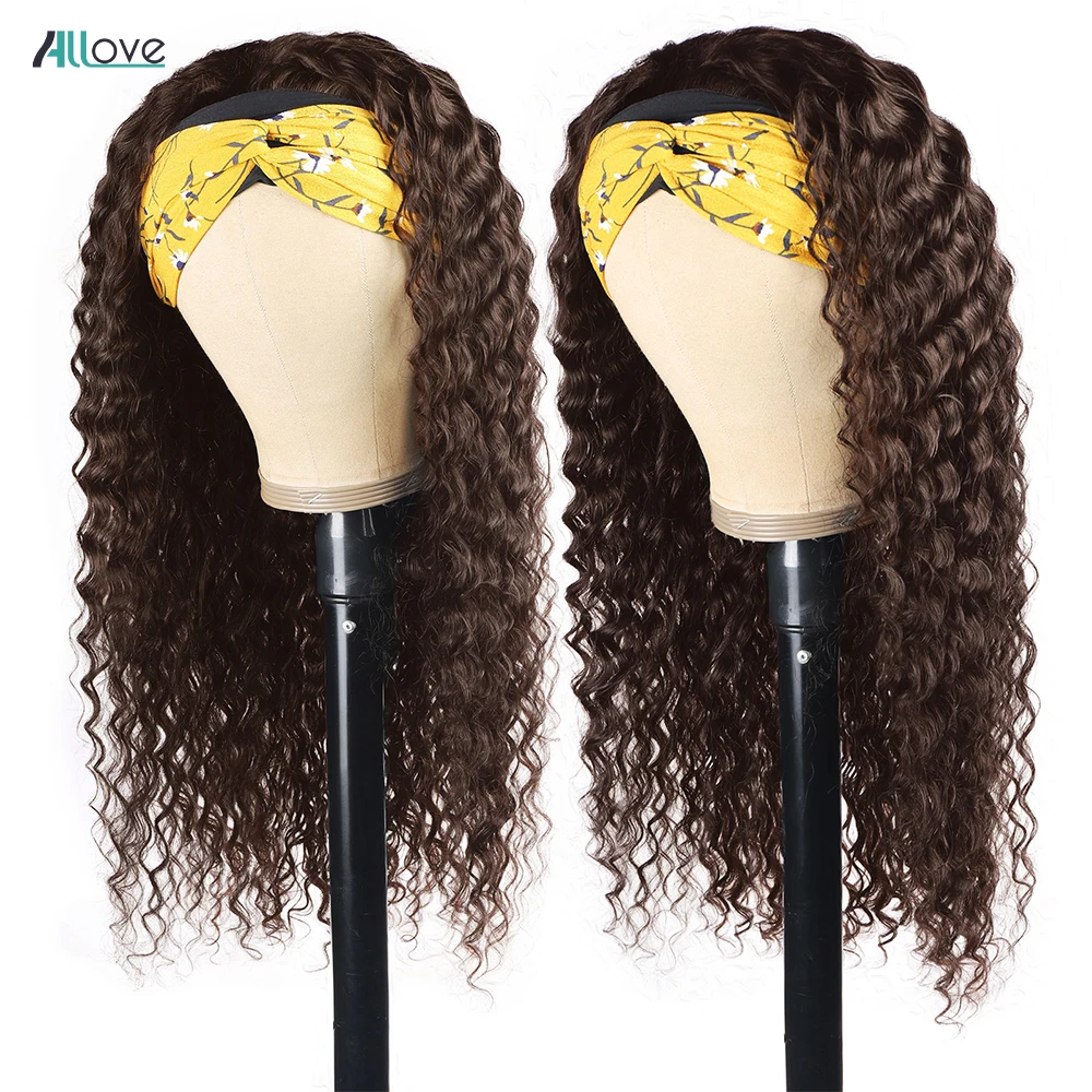 Allove #4 Brown Headband Wig Full Machine Made Wigs Deep Wave Brazilian Remy 100% Human Hair Scarf Wig For Women Deep Curly image 4