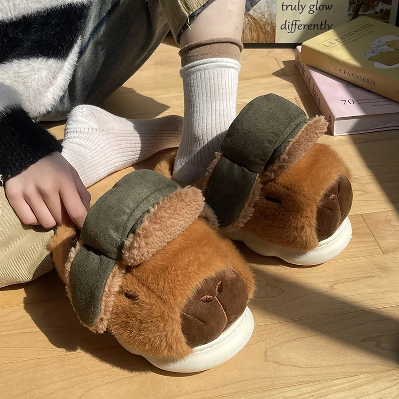 Cute Cartoon Capybara Cotton Slippers For Women Men Spring Winter Shoes Soft Plush Anti-slip Couples Home Floor Fluffy Slipper