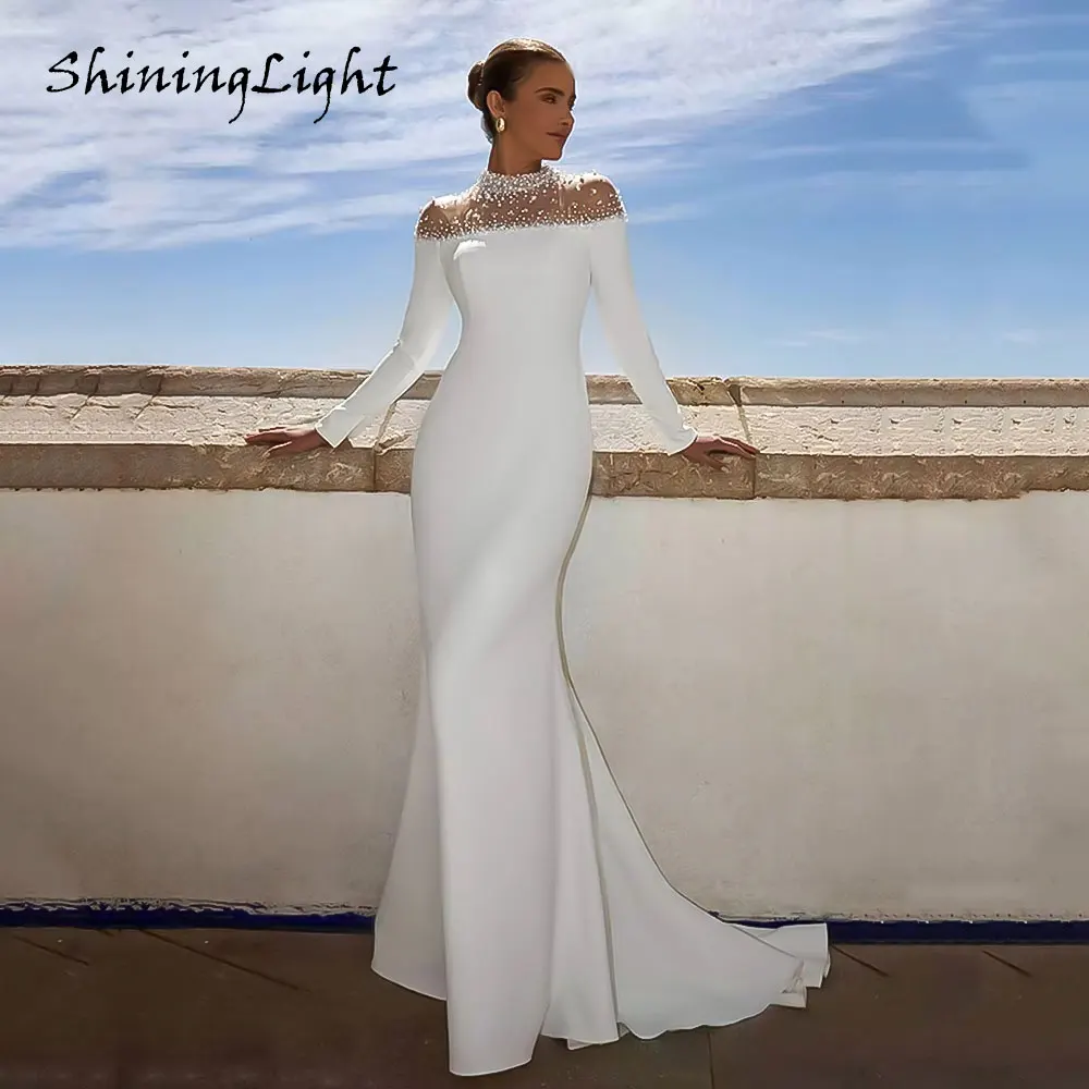 

ShiningLight White Long Sleeves Wedding Dresses High Sheer Neck Beading vestidos de novia Mermaid Church Bridal Dress Customized