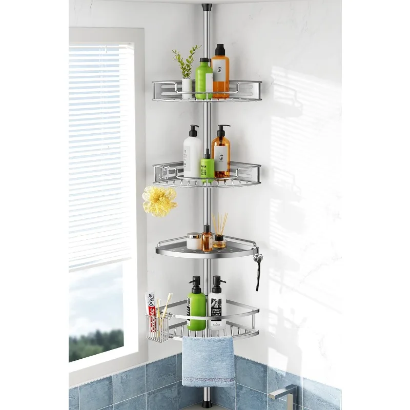 2025 Corner Shower Caddy Tension Pole 4 Tire Shower Rack for Bathroom  Shampoo-47 to 121 ft with Razor Hooks Clip Buckle-Sliver