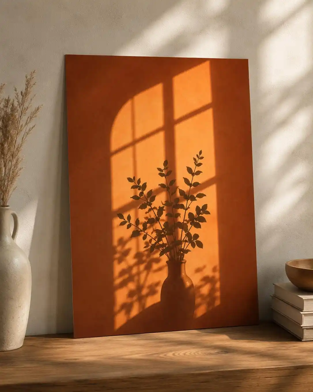 Modern Sun & Shadow Aesthetic Wall Art Poster Orange Botanical Vase Canvas Prints, Minimalist Aesthetic Living Room Decor Poster