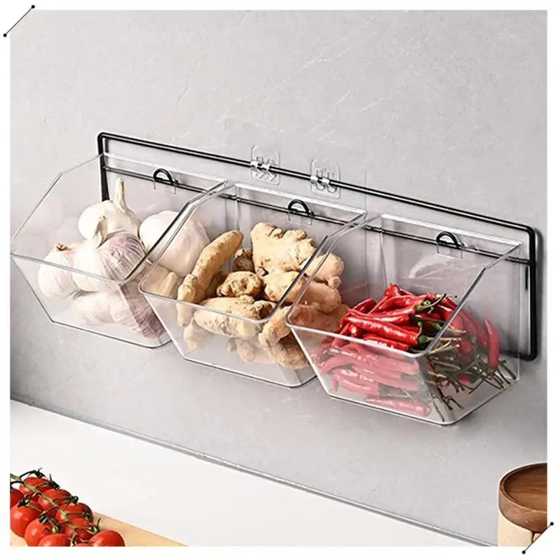 3 Compartments Wall Mounted Ginger Garlic Container Countertop Onion And Potato Storage Box With Metal Rack Durable Length 43Cm