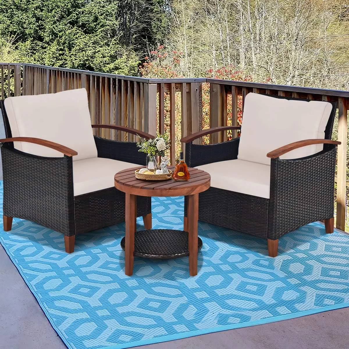 Set da 3 pezzi per conversazione sul Patio Set di divani in vimini da esterno in Rattan con cuscino e struttura in legno di Acacia, Set di tavolini e sedie