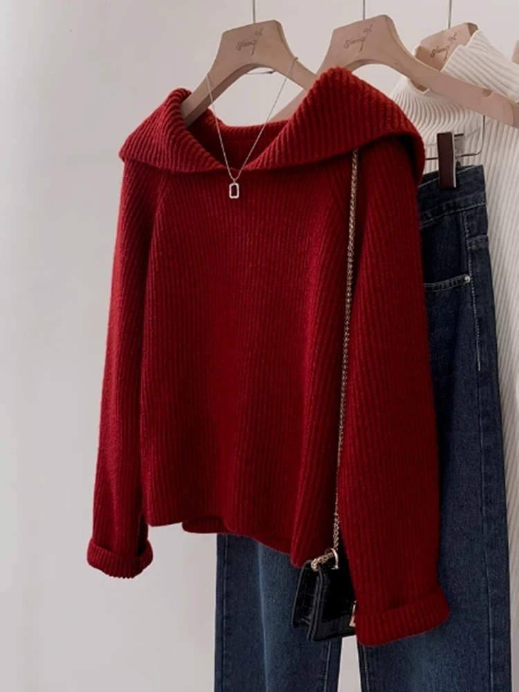 

Женский модный свободный свитер, теплые вязаные пуловеры в ленивом стиле, свитера с отложным воротником, осень-зима, однотонные повседневные топы