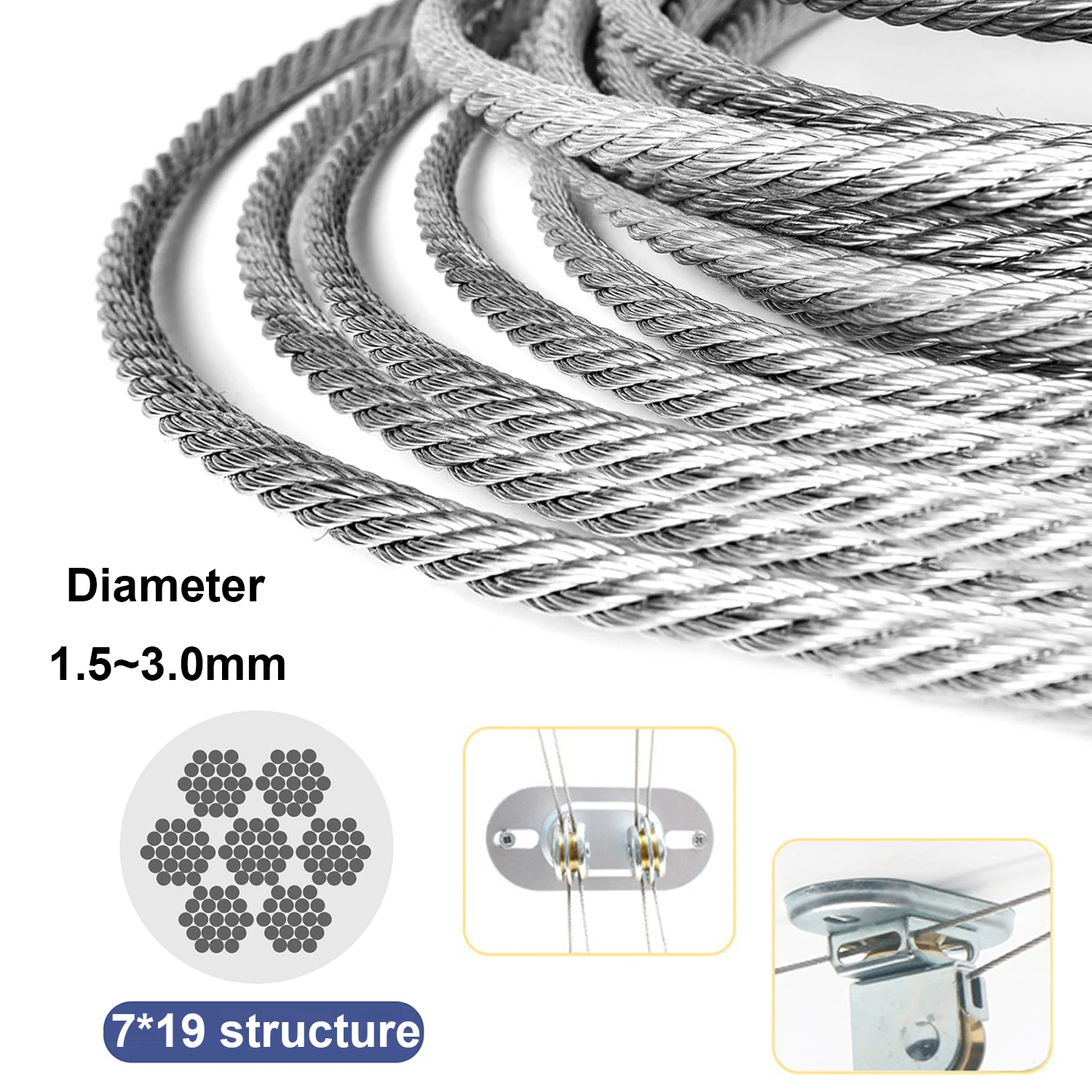 7x19 Structure 304 Stainless Steel Wire Rope with a Dia 1.5-3.0mm Suitable for Curtain Ropes Pet Belts and Transmission Ropes