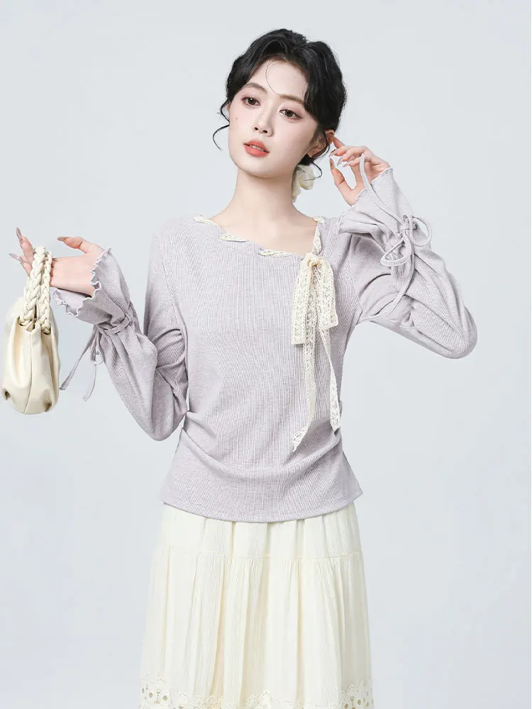 

Irregular Slant Collar Long Sve Knitted Sweater Women's Early Autumn Design Sensation Small Cro Flared Sve Base irt