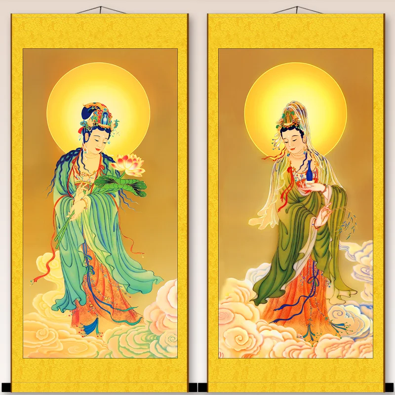 Connect the Buddha, the three saints of the west, Amitabha, Avalokitesvara, Bodhisattva, silk, scroll, hanging picture