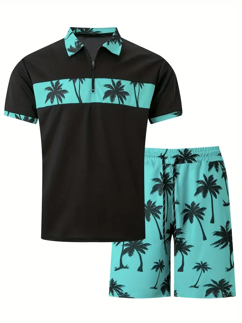 Men's 3D Printed Coconut Tree Fragment Pattern Zipper POLO Shirt + Shorts 2-piece Neutral Fashion Casual Simple Style Clothing