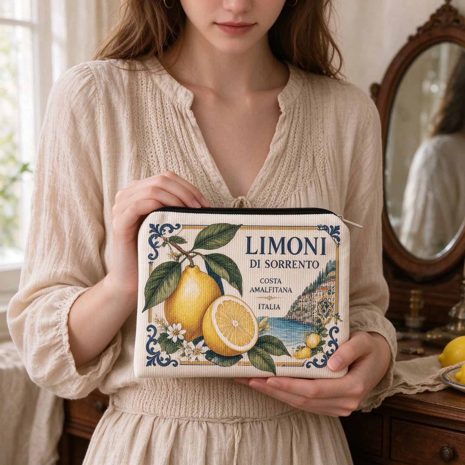 Vintage Lemon Label Print Corduroy Cosmetic Bag Zipper Makeup Pouch Travel Storage Gift