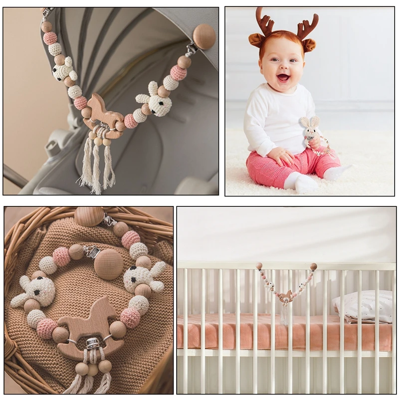 Baby Wood Crochet Stroller Toys Elephant Bed Hanging Rattle Toy Crochet Animal Pendant Bead Bracelet Baby Crib Mobile Rattle Toy