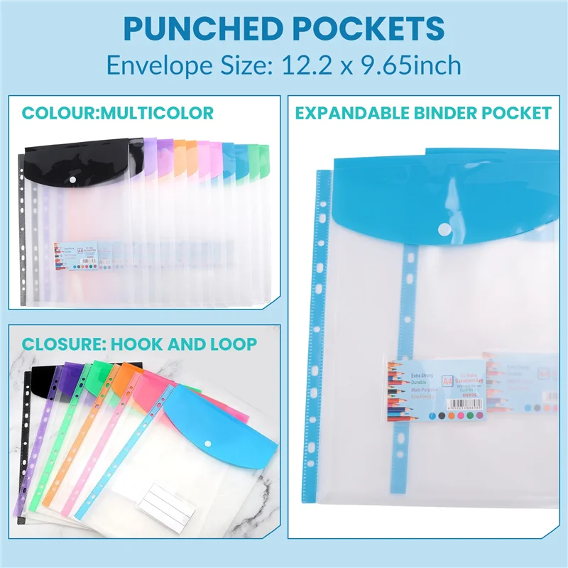 AEE7-12 Pack A4 Punched Pockets Plastic Wallets - 11 Holes Expandable Binder Pocket Envelope File Folders